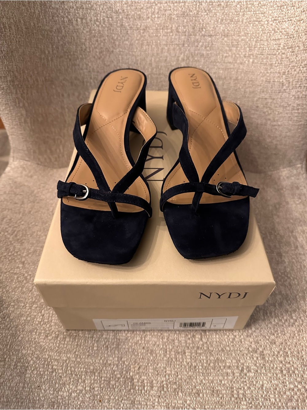 NYDJ Navy Suede Crossover Strap Block Heel Mules